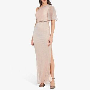 Adrianna Papell Sz 6 One Shoulder Sleeve Glitter High Slit Gown Blush Rose Gold